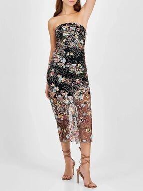 Strapless Floral Embroidered Midi Dress - Black Multi